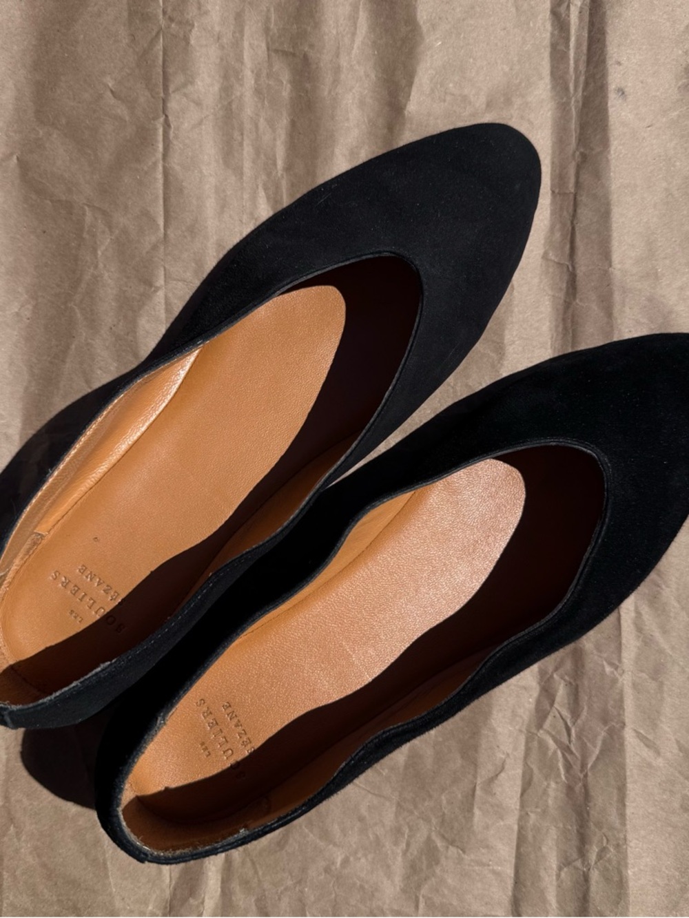 Sézane Matilda Black Suede Almond Toe Ballet Flats with Tan Insole